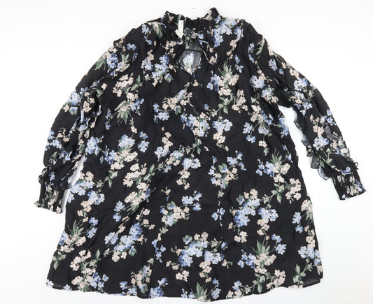H&M Womens Black Floral Viscose Trapeze & Swing Size L Mock Neck Tie