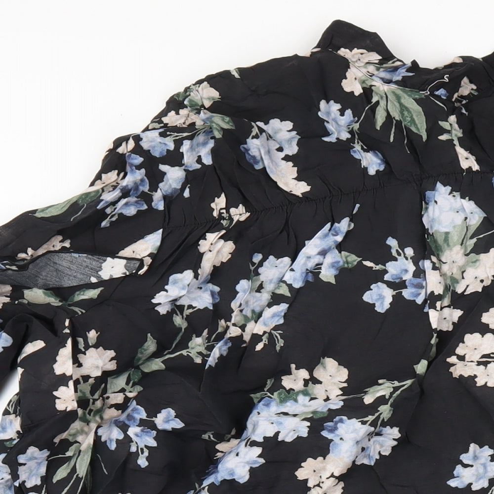 H&M Womens Black Floral Viscose Trapeze & Swing Size L Mock Neck Tie