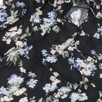 H&M Womens Black Floral Viscose Trapeze & Swing Size L Mock Neck Tie
