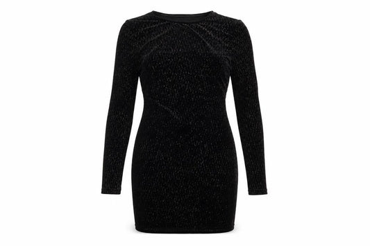 Front view of In the Style women’s black polyester bodycon, size UK 10, round neck pullover