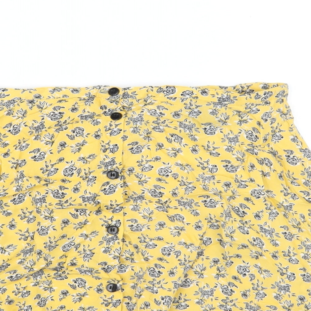 H&M Womens Yellow Floral Viscose A-Line Skirt Size 8 Button