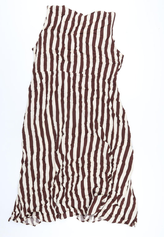 Mango Womens Brown Striped Viscose A-Line Size 2XL V-Neck Pullover