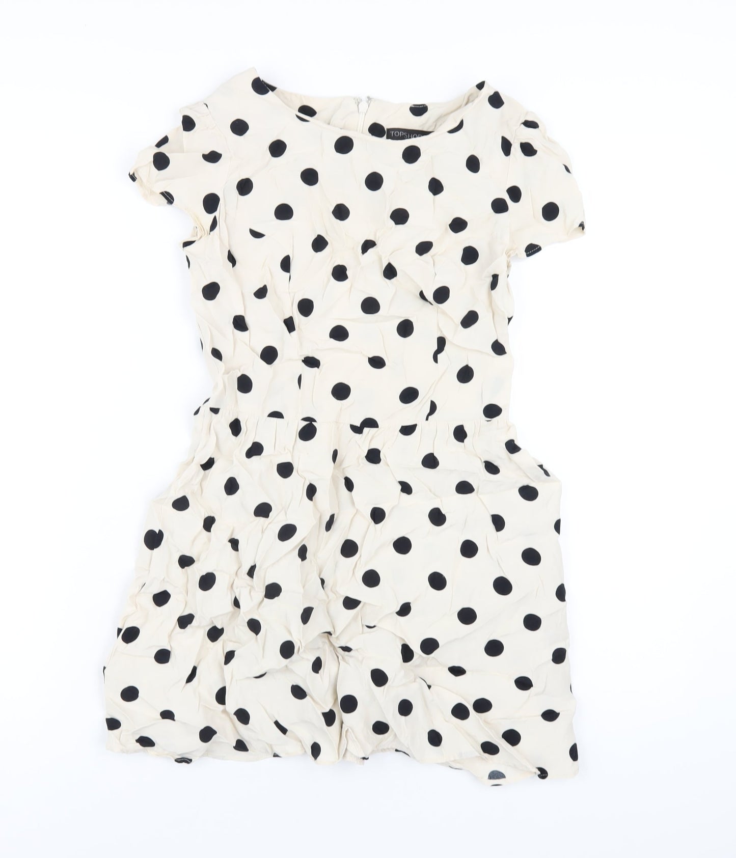 Topshop Womens Ivory Polka Dot Viscose A-Line Size 6 Round Neck Zip