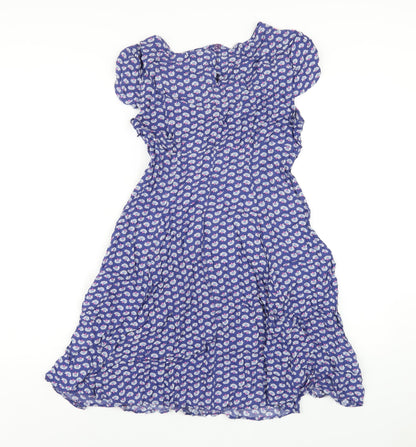 Warehouse Womens Blue Floral Viscose A-Line Size 14 Round Neck Zip