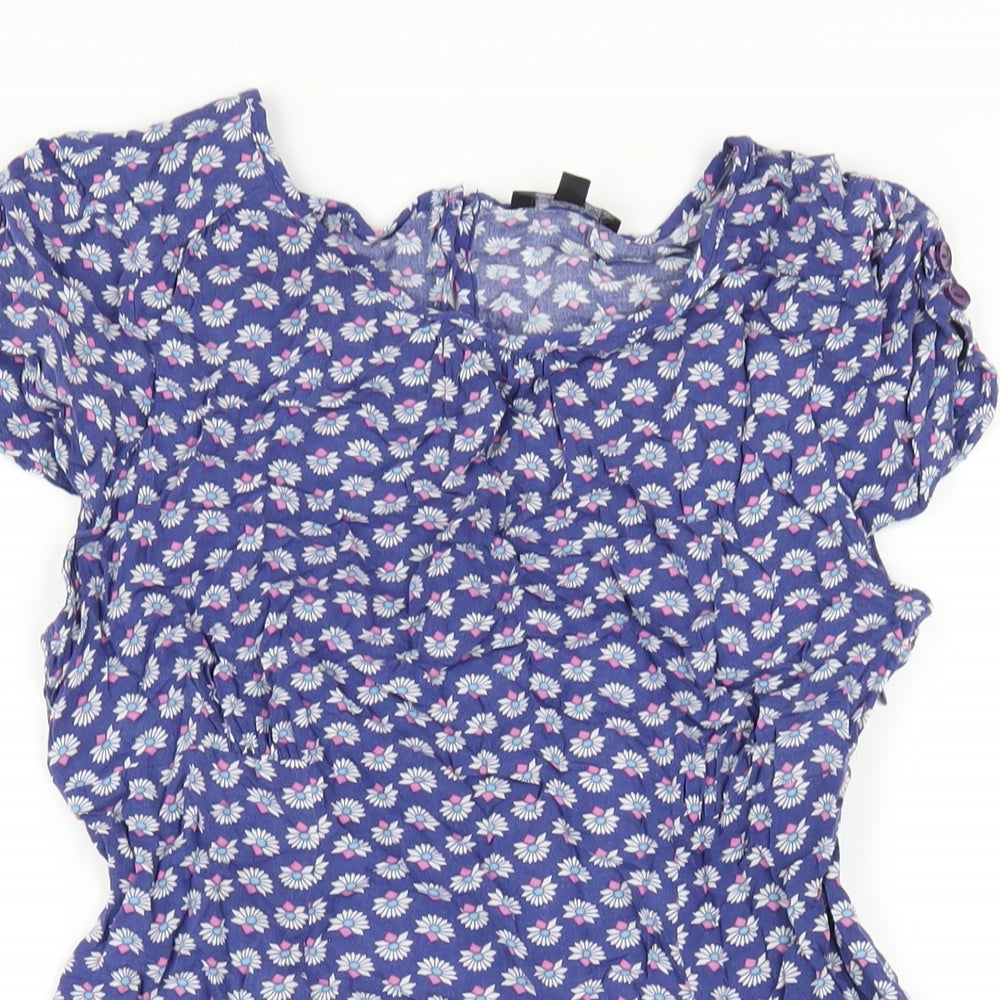 Warehouse Womens Blue Floral Viscose A-Line Size 14 Round Neck Zip