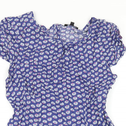 Warehouse Womens Blue Floral Viscose A-Line Size 14 Round Neck Zip