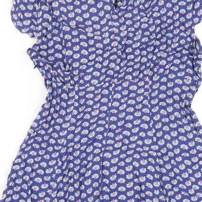 Warehouse Womens Blue Floral Viscose A-Line Size 14 Round Neck Zip