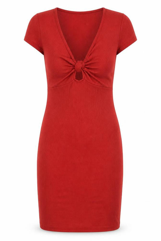 Front view of Miss Selfridge women’s red viscose bodycon, size UK 10, v-neck pullover