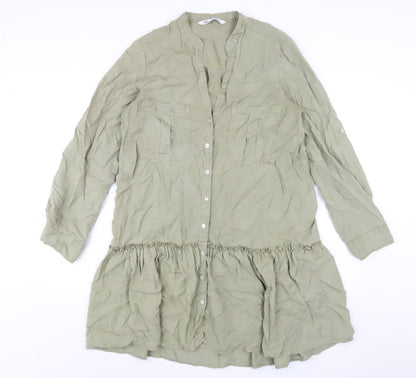 Zara Womens Green Lyocell A-Line Size M V-Neck Button