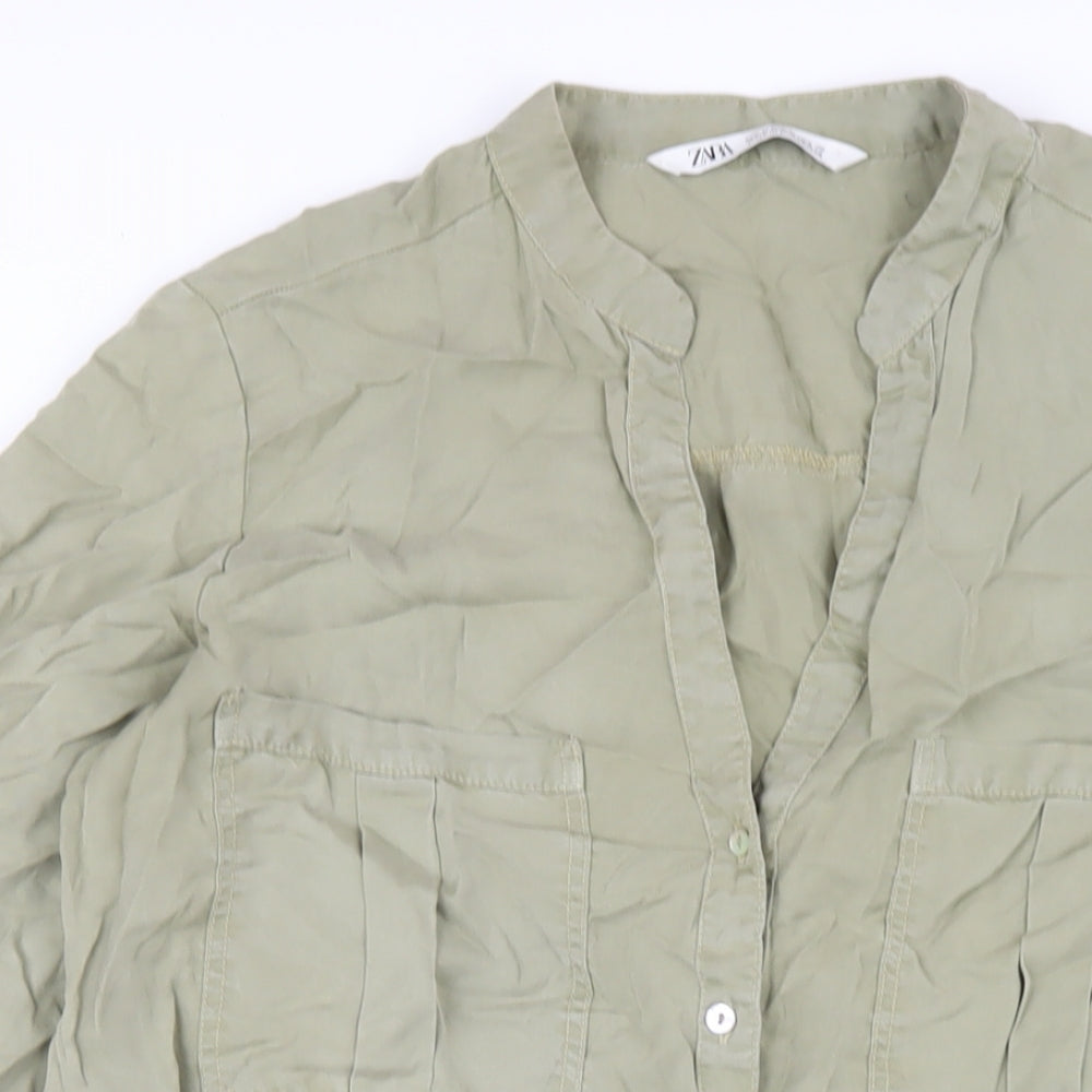 Zara Womens Green Lyocell A-Line Size M V-Neck Button