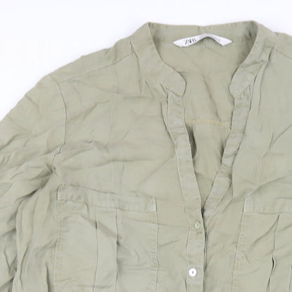 Zara Womens Green Lyocell A-Line Size M V-Neck Button