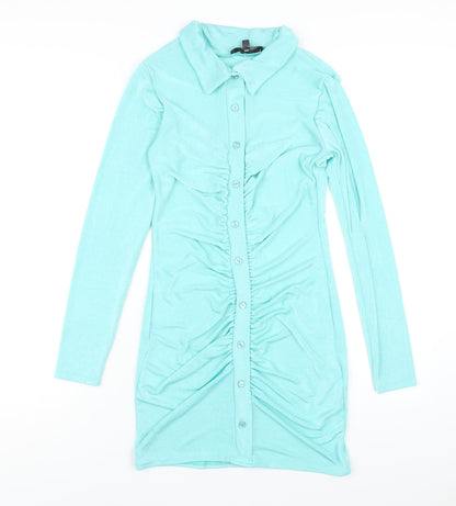 Missguided Womens Blue Polyester Bodycon Size 8 Collared Button