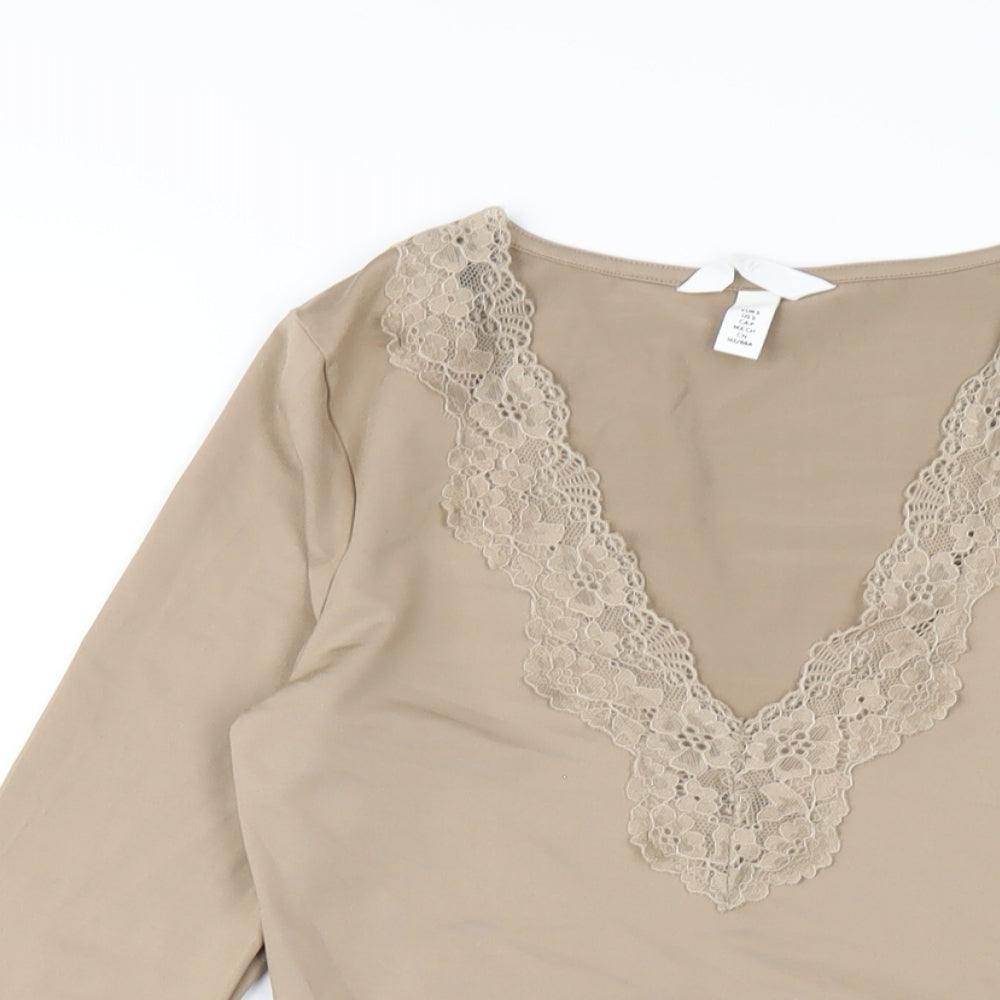 H&M Womens Beige Polyester Bodysuit One-Piece Size S Snap - Lace Trim