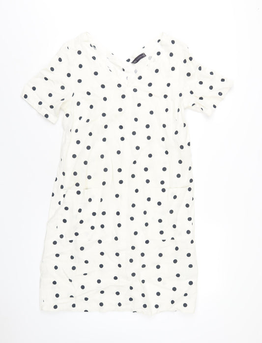 Marks and Spencer Womens Ivory Polka Dot Linen A-Line Size 10 V-Neck Pullover