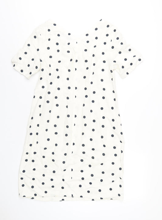 Marks and Spencer Womens Ivory Polka Dot Linen A-Line Size 10 V-Neck Pullover