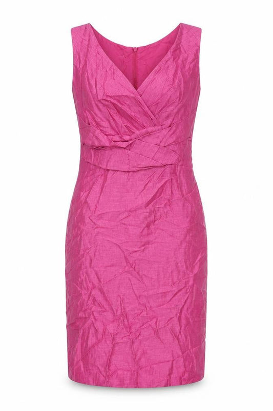 Front view of Kaliko women’s pink polyester pencil dress, size UK 10, v-neck zip
