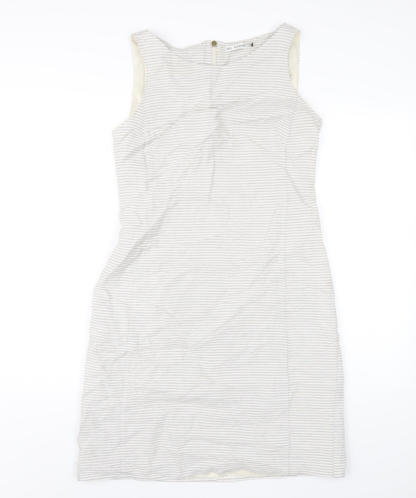 Autograph Womens Grey Striped Cotton Pencil Dress Size 10 Round Neck Zip
