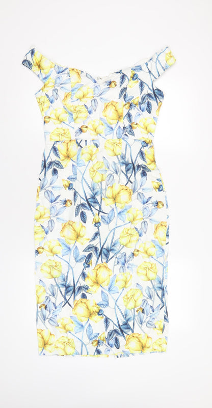 ASOS Womens Multicoloured Geometric Cotton Pencil Dress Size 12 Off the Shoulder Zip