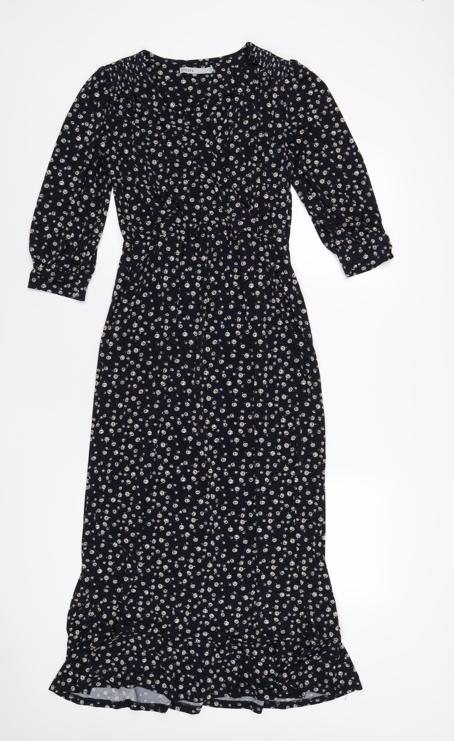Oasis Womens Blue Floral Polyester A-Line Size S V-Neck Pullover