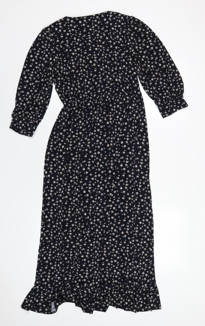 Oasis Womens Blue Floral Polyester A-Line Size S V-Neck Pullover