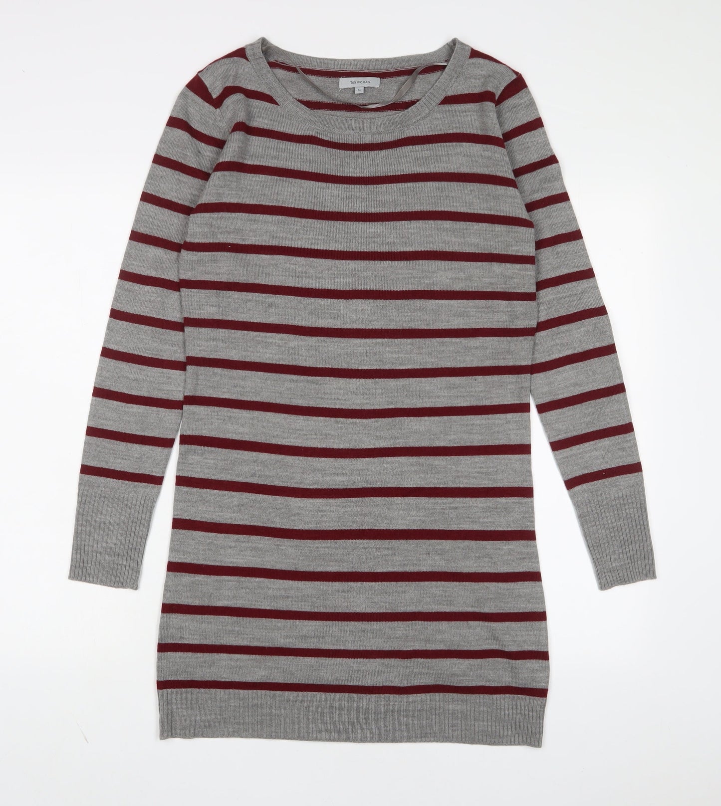 TEX Womens Grey Striped Acrylic Jumper Dress Size M Boat Neck Pullover