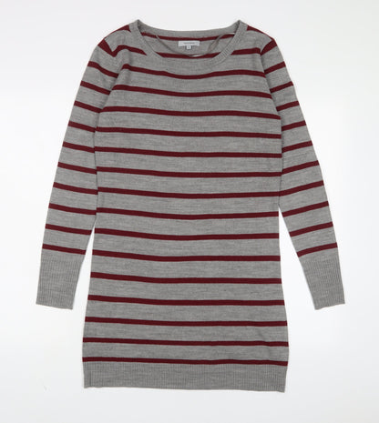 TEX Womens Grey Striped Acrylic Jumper Dress Size M Boat Neck Pullover