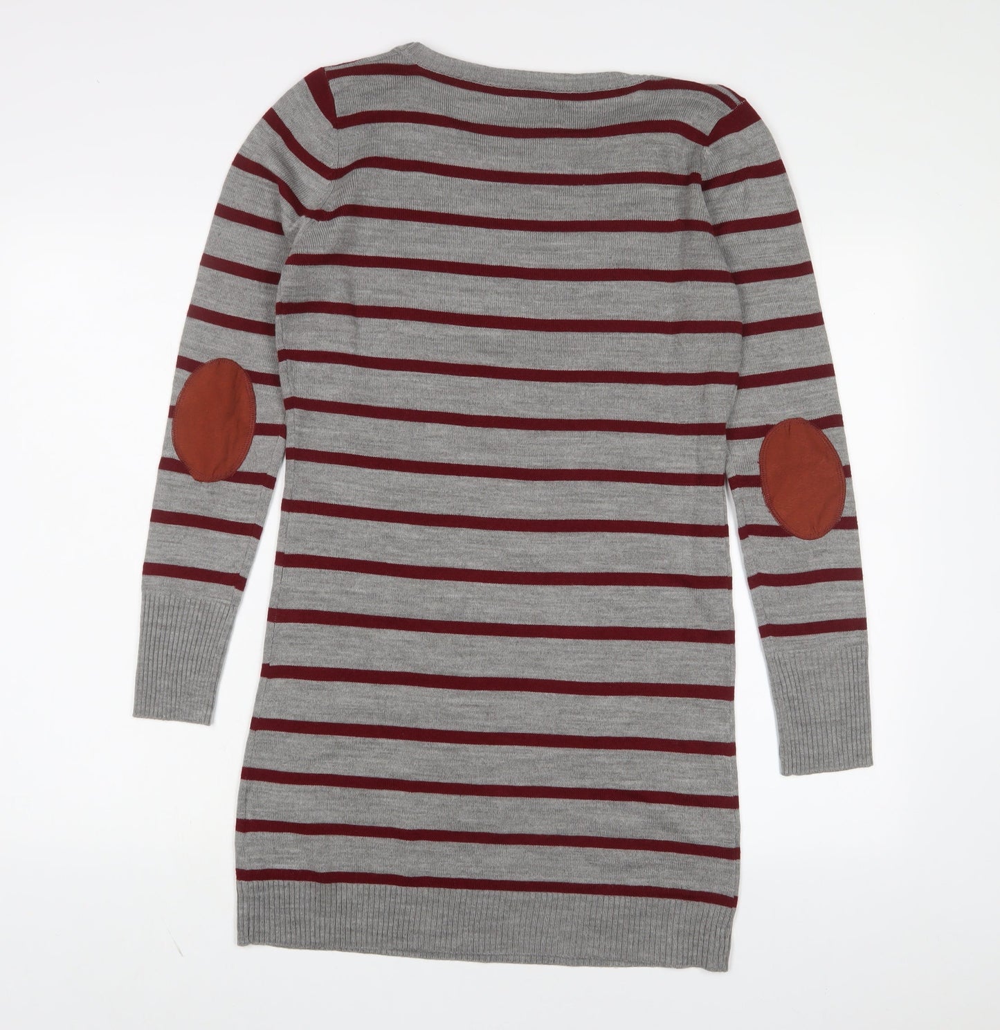 TEX Womens Grey Striped Acrylic Jumper Dress Size M Boat Neck Pullover