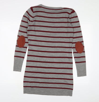 TEX Womens Grey Striped Acrylic Jumper Dress Size M Boat Neck Pullover