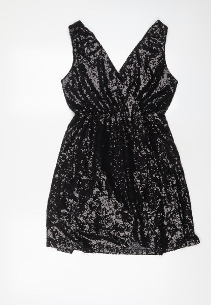 Boohoo Womens Black Polyester A-Line Size 10 V-Neck Zip - Sequins