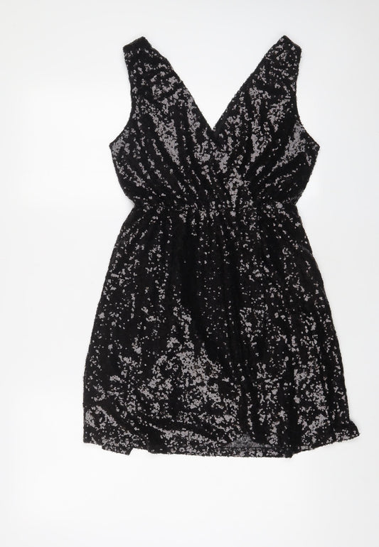 Boohoo Womens Black Polyester A-Line Size 10 V-Neck Zip - Sequins