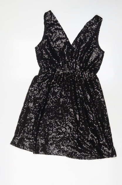Boohoo Womens Black Polyester A-Line Size 10 V-Neck Zip - Sequins