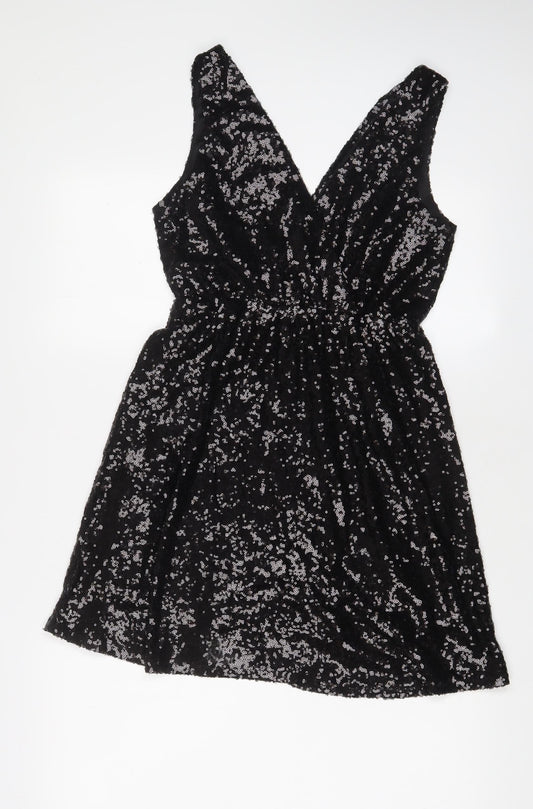 Boohoo Womens Black Polyester A-Line Size 10 V-Neck Zip - Sequins