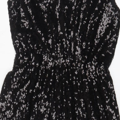 Boohoo Womens Black Polyester A-Line Size 10 V-Neck Zip - Sequins