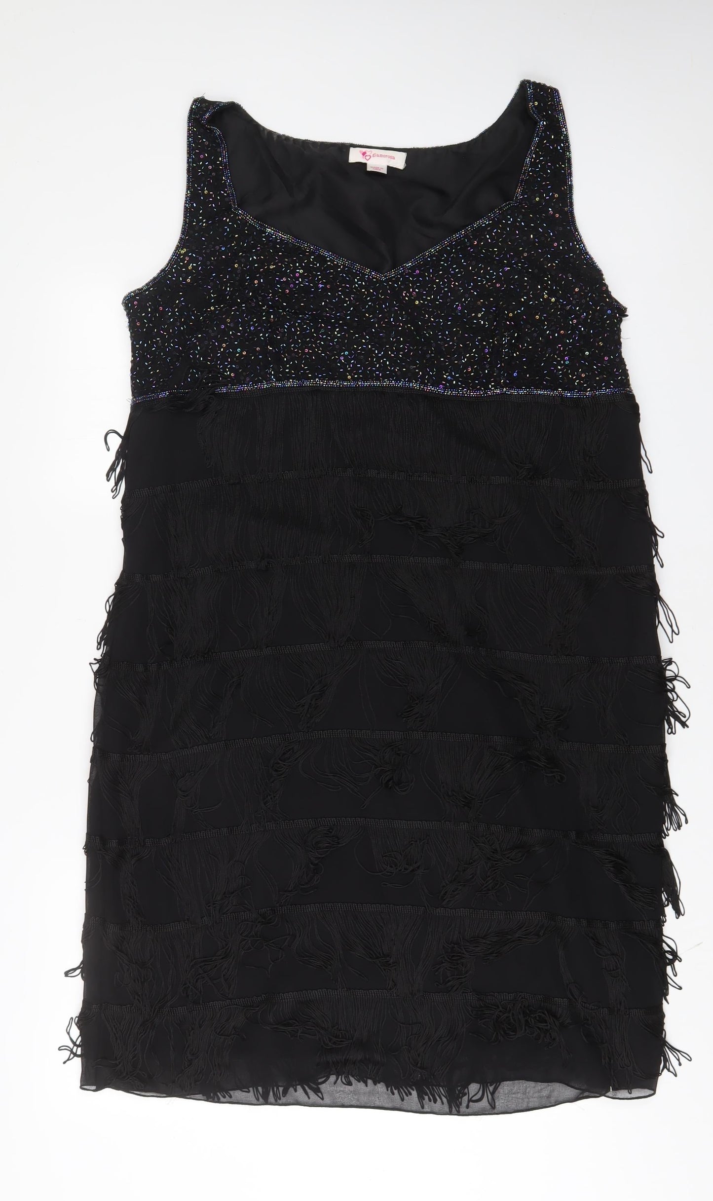 Glamorous Womens Black Polyester Sheath Size 18 V-Neck Zip - Beaded