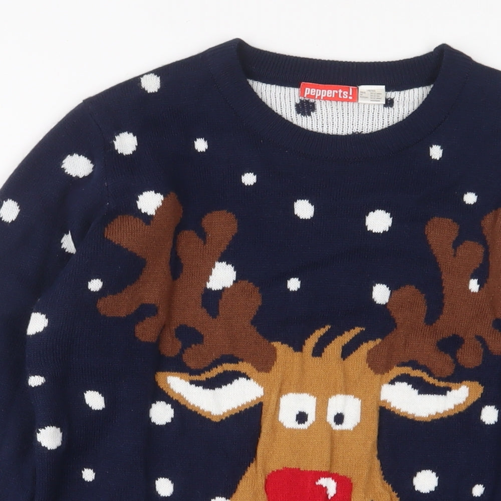 Pepperts Boys Blue Crew Neck Geometric Acrylic Pullover Jumper Size 10-11 Years Pullover - Rudolph