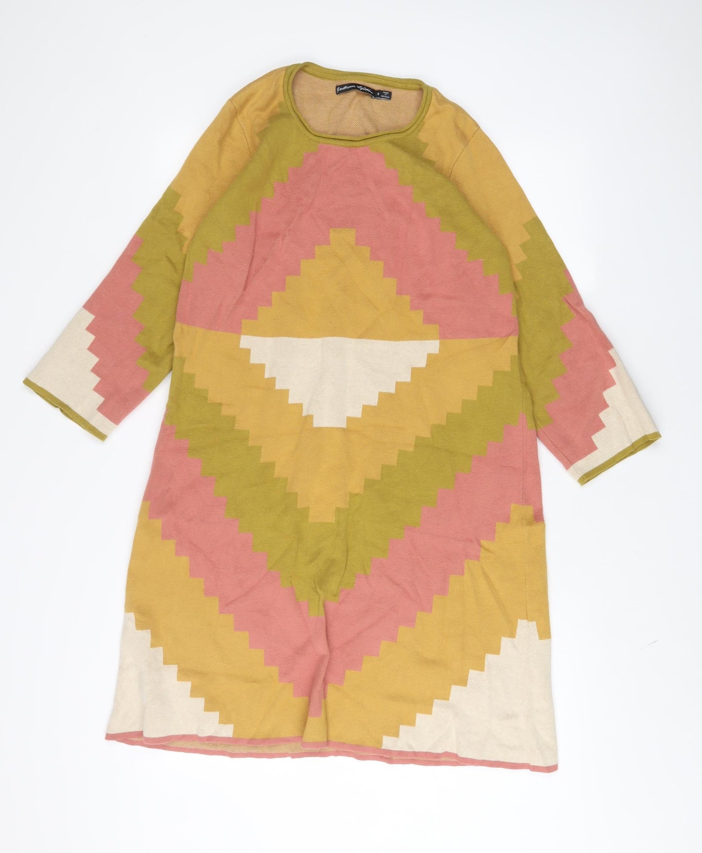 Gudnunsjoden Womens Multicoloured Geometric Cotton Jumper Dress Size S Crew Neck Pullover