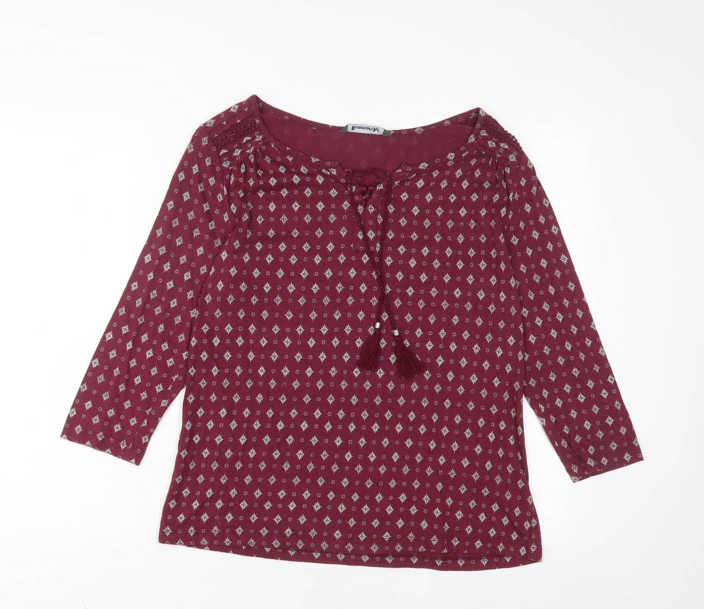 Bonmarché Womens Red Argyle/Diamond Cotton Basic T-Shirt Size 14 Boat Neck - Embroidered