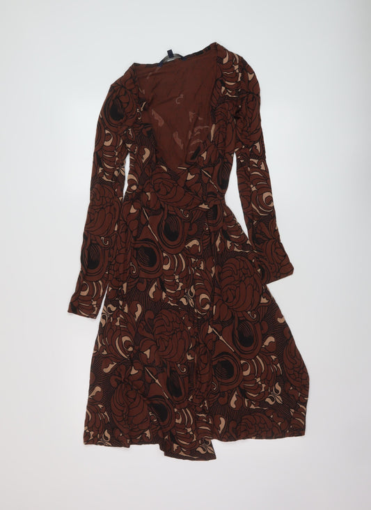 French Connection Womens Brown Geometric Viscose Wrap Dress Size 8 V-Neck Tie