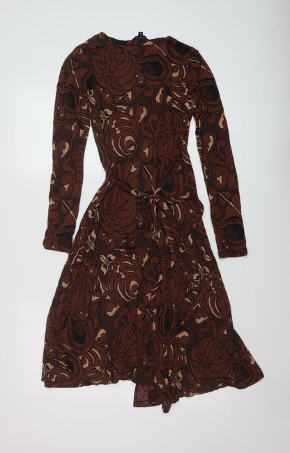 French Connection Womens Brown Geometric Viscose Wrap Dress Size 8 V-Neck Tie