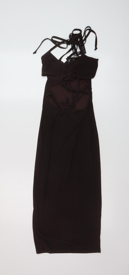 PRETTYLITTLETHING Womens Brown Polyester Bodycon Size 8 V-Neck Pullover