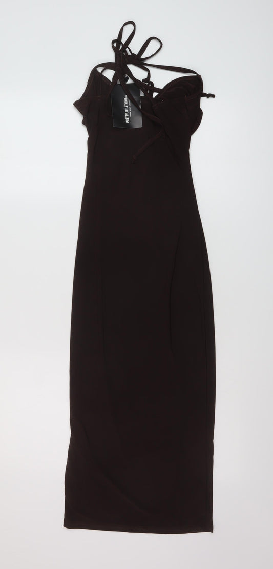 PRETTYLITTLETHING Womens Brown Polyester Bodycon Size 8 V-Neck Pullover