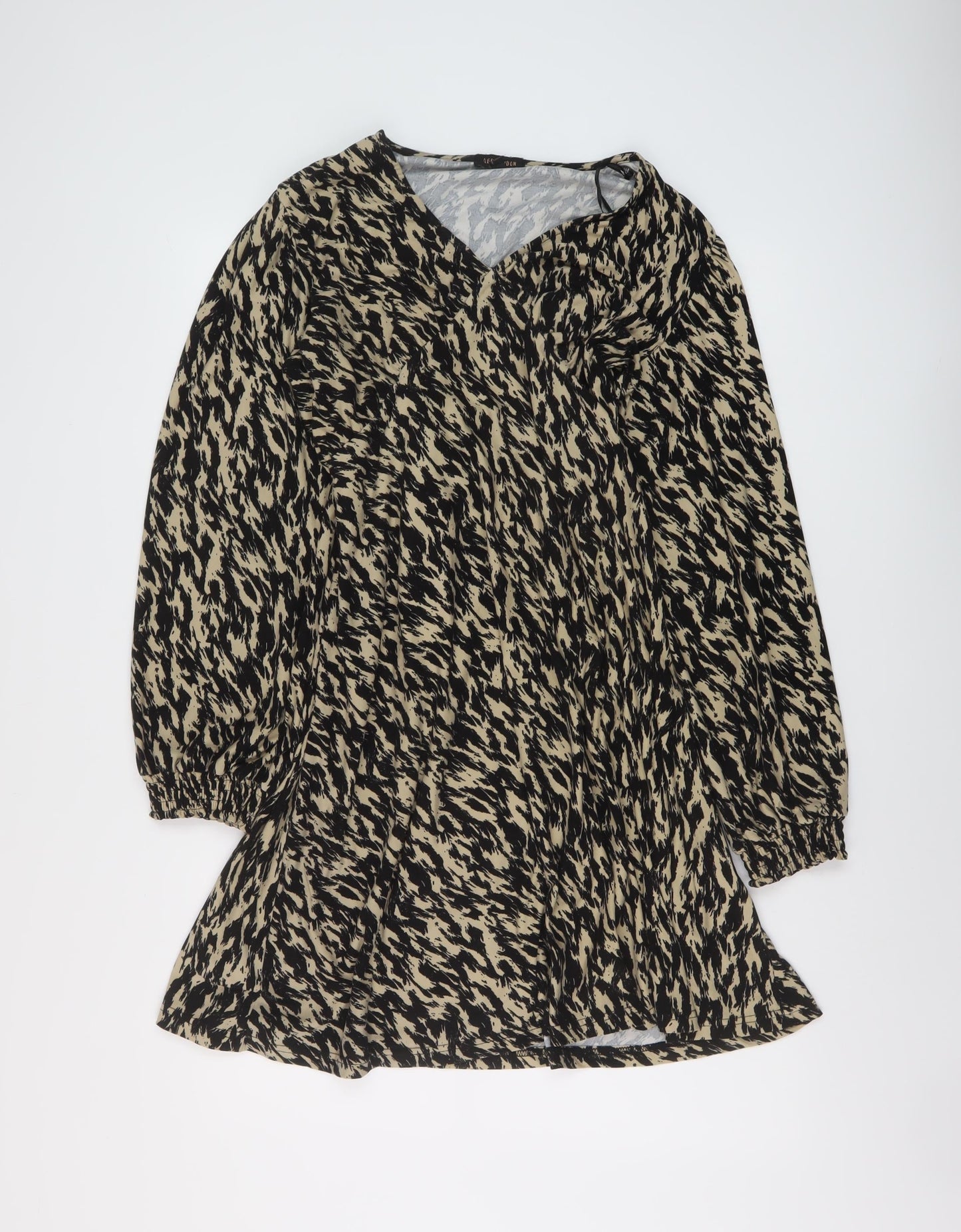 QED London Womens Brown Animal Print Polyester A-Line Size 12 V-Neck Pullover