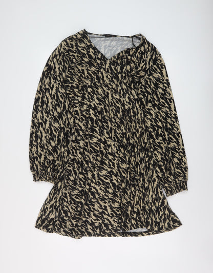 QED London Womens Brown Animal Print Polyester A-Line Size 12 V-Neck Pullover