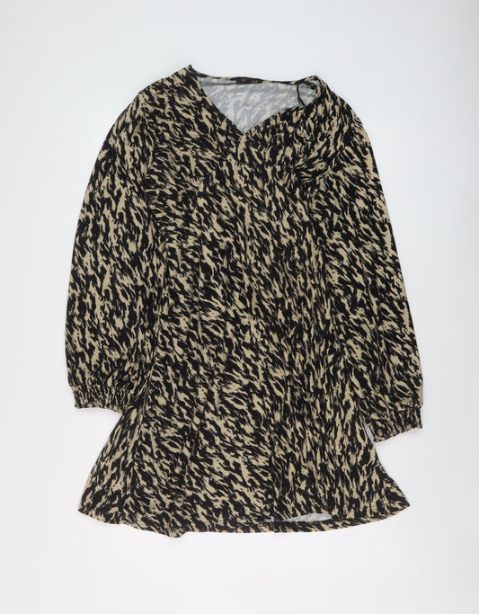 QED London Womens Brown Animal Print Polyester A-Line Size 12 V-Neck Pullover