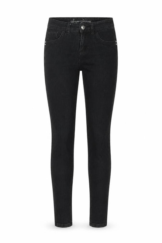 Front view of Denim & Co. women’s black cotton skinny jeans, size UK 8, 33-inch leg regular button