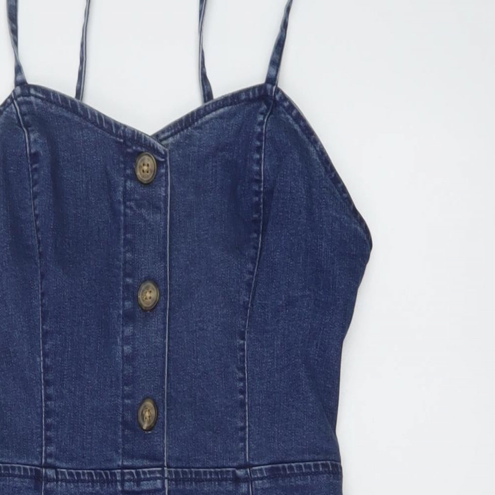 Denim & Co. Womens Blue Cotton Mini Size 8 Sweetheart Button