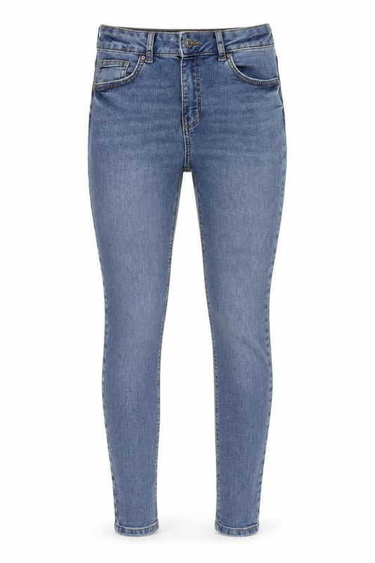 Front view of Denim & Co. women’s blue cotton skinny jeans, size UK 10, 30-inch leg regular button