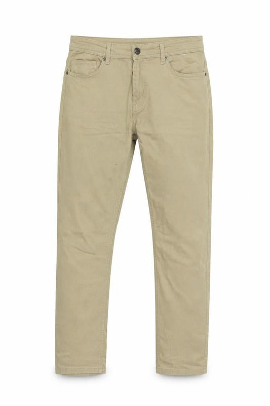 Front view of Denim & Co. men’s beige cotton straight jeans, size 34, in, 30-inch leg regular button