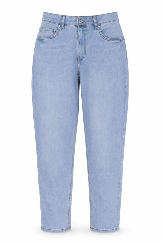 Front view of Denim & Co. women’s blue cotton mom jeans, size UK 14, 28-inch leg regular button