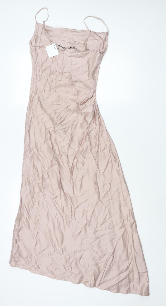 Zara Womens Pink Viscose Slip Dress Size XS Cowl Neck Zip